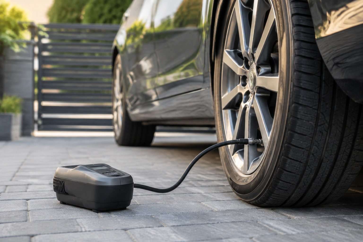 Qué debe tener un compresor de aire portátil para el coche — Imagen 1 Compresor portátil inflando un neumático en una entrada privada y bien iluminada.